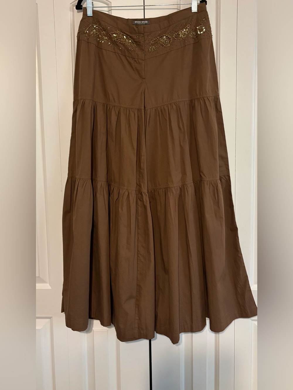 BISOU BISOU Brown, Tiered Wide Leg, Low Rise Pants, Sequin & Beaded Waist Detail